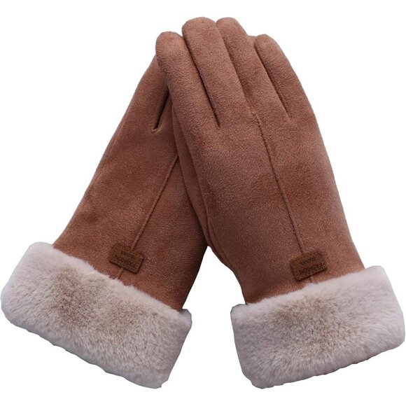 Women's Khaki Winter Warm Touch Screen Thick Mittens Lady Outdoor Gloves - Picture 1 of 6